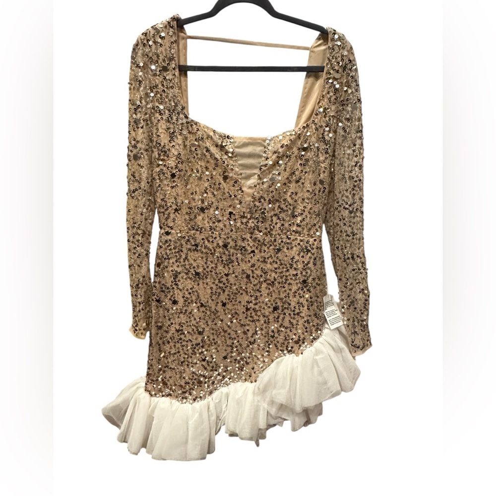 Asos Luxe Sequin Long Sleeve Nude gold sequin white tulle hem dress size 14 - Picture 4 of 12